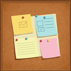 Colorful sticky notes with graphs and checkboxes pinned on a corkboard background