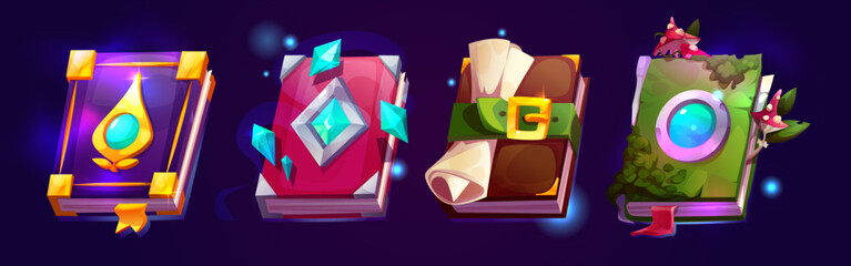 Magic book set for game interface - spellbooks with glowing gems, mystical enchanted pages and colorful covers by fantasy design, closed grimoires with mushrooms, scroll, crystals and sparkles © klyaksun