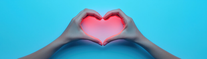 Obraz premium Hands forming glowing heart shape against blue background, symbolizing love and connection