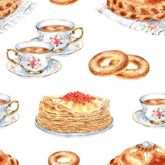 Elegant porcelain cups with tea, loaf, pancakes with red caviar, bagels. Seamless pattern. Watercolor hand drawn food illustration of Russian cuisine. For wrapping paper, packaging, cookbook, menu.