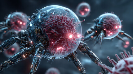 Nanotechnology, Hands of robot touch nanostructures and manipulate icon, interactions on network, materials, devices, electronics, medicine and engineering advance rapidly.
