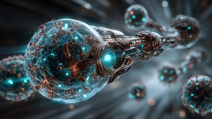 Nanotechnology, Hands of robot touch nanostructures and manipulate icon, interactions on network, materials, devices, electronics, medicine and engineering advance rapidly.