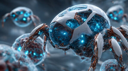 Nanotechnology, Hands of robot touch nanostructures and manipulate icon, interactions on network, materials, devices, electronics, medicine and engineering advance rapidly.