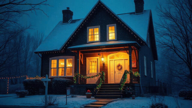 Cozy victorian house with warm lights on a snowy winter night