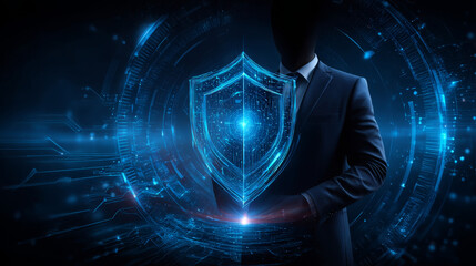 Businessman hand touches a shield, NLP enables protection, detection, and automation. The concept represents safeguarding sensitive information, decision-making processes, and operational efficiency.