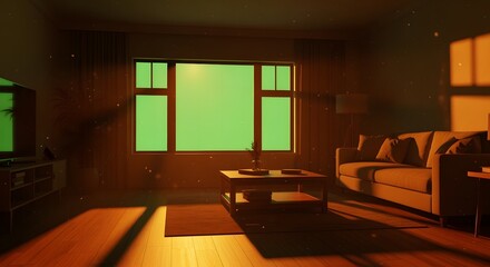 A cozy living room interior bathed in warm, golden hour light with a prominent green screen window.