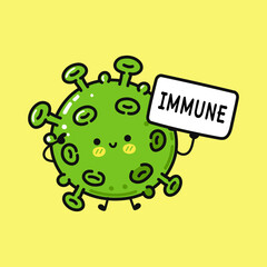 A friendly cartoon virus shows off its immune status against a bright yellow backdrop.