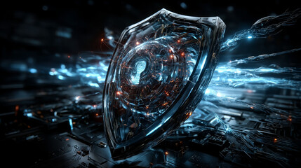 Businessman hand touches a shield, NLP enables protection, detection, and automation. The concept represents safeguarding sensitive information, decision-making processes, and operational efficiency.