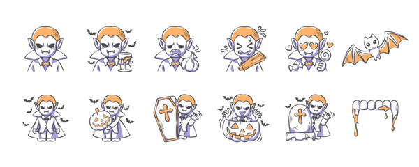 Halloween dracula or vampire . Hand drawn icon cartoon characters illustration collection . Vector .