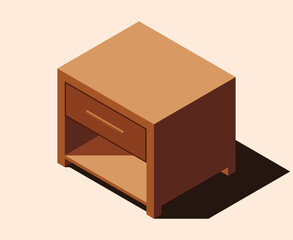 Isometric bedside table. Isometric nightstand. Wooden bedside table. Isometric bedroom furniture. Isometric home furniture