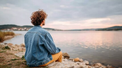 Fototapeta premium Young man sitting by serene lake, reflecting on nature's beauty, enjoying peaceful moment during soft adventure and digital detox experience