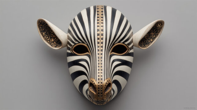 Elegant handmade zebra mask with tribal patterns artistic craftsmanship vibrant design cultural heritage decorative wall art unique accessory stylish costume and exotic wildlife