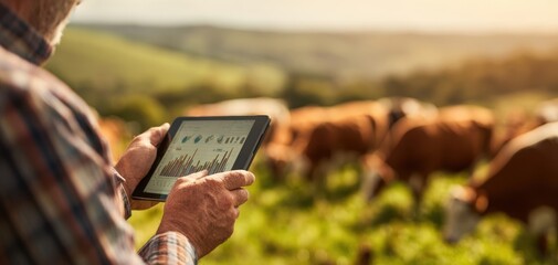 The farmer analyzing data on a tablet while overseeing his cattle in the field.