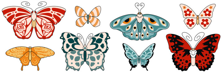 Groovy butterfly collection with retro patterns and colorful wings for vintage nature designs. Eight stylized insects with decorative motifs. Whimsical flying creatures for prints, stickers or crafts.
