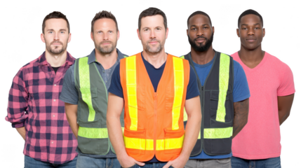 Group of five men wearing safety vests, showcasing diversity in appearance and style. They stand confidently, representing teamwork and professionalism in construction or industrial setting