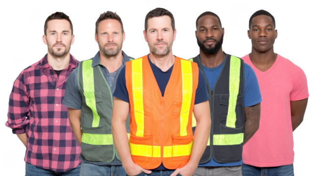 Group of five men wearing safety vests, showcasing diversity in appearance and style. They stand confidently, representing teamwork and professionalism in construction or industrial setting
