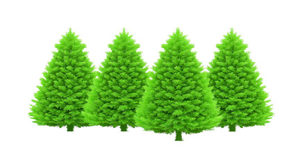 Group of vibrant green coniferous trees arranged closely together, showcasing their lush foliage and symmetrical shape, perfect for nature themed designs
