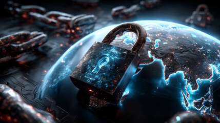 Hand man holding of global secure cloud network connection, protecting data integrity and privacy, ensuring compliance with regulations, safeguarding against cyber threats, and encryption protocols.