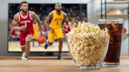 Popcorn and a glass of soda on the table, basketball game shown on tv in the background, watching basketball game with snacks and drinks.