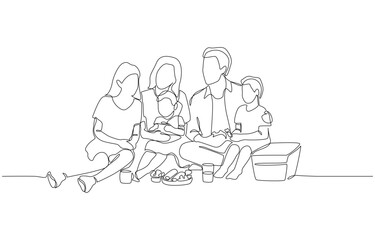 Continuous one line drawing of family having picnic on grass, symbolizing love, bonding, relaxation, and quality time of family, single line art