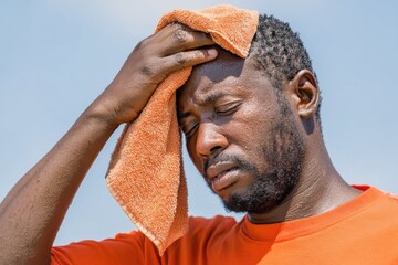 A sweating man wipes his forehead with an orange towel, exhausted from heat or exertion, under a blue sky.