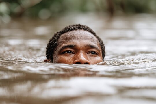 A young man's face, partially submerged in murky water, with a serious and contemplative expression.