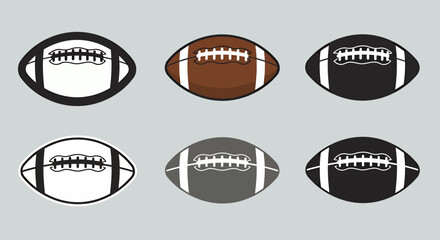 Fototapeta premium A collection of six vector illustrations showcasing various designs of American footballs, perfect for sports-themed graphics, logos, and promotional materials against a neutral gray background.