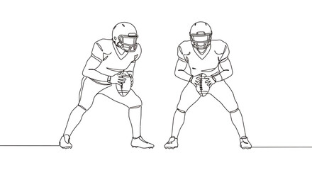 Fototapeta premium Two American football players in uniform, holding a ball in a ready stance, depicted as a clean vector outline on a white background.
