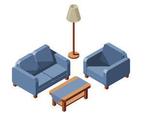 Isometric living room. Isometric sofa, table, and lamp. Living room furniture. Isometric home furniture
