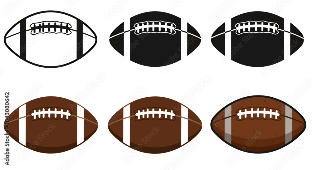 Poster collection of american footballs in various colors and styles, presented as clean vector graphics on
