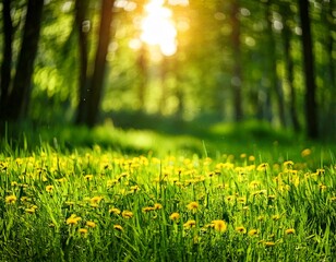 Obraz premium Beautiful wide format image of a pristine forest lawn with fresh grass and yellow dandelions 