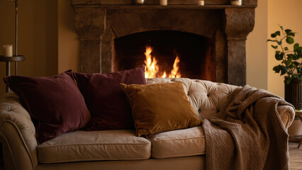 Cozy living room scene with a tufted sofa, velvet pillows in burgundy and gold, a warm fireplace, and a knitted throw blanket