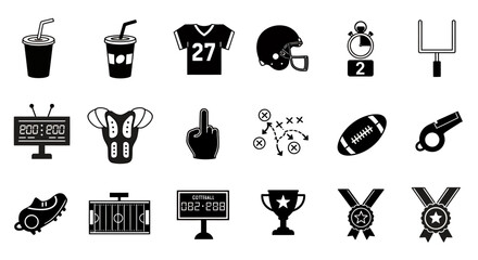 A vector illustration features a collection of American football icons, including a jersey, helmet, trophy, and field, all rendered in a clean, modern style.