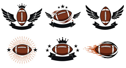 A collection of six vector illustrations showcasing American football designs, featuring winged footballs, crowns, and ribbons, ideal for sports-themed logos and graphic design projects.