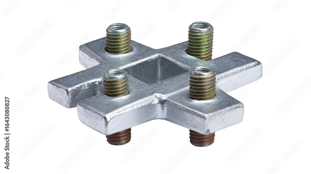 Poster metallic connector featuring four threaded bolts, designed for secure fastening in various applicati