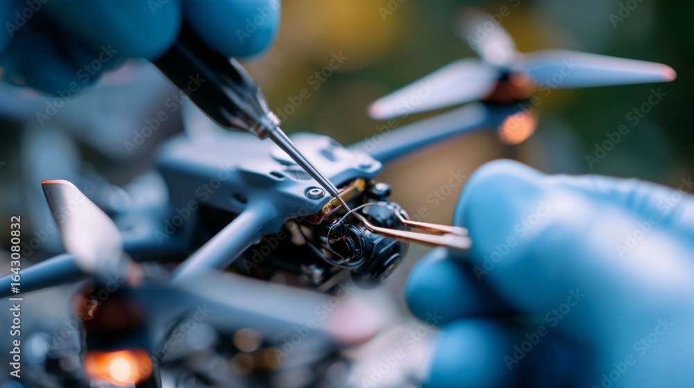 Poster repairing a drone in a modern workshop during late afternoon using precision tools and gloves for ma