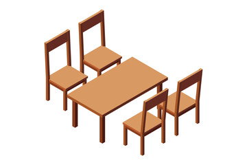 Isometric table and four chairs. Wooden dining table. Wooden table and chairs. Isometric dining room furniture. Isometric home furniture