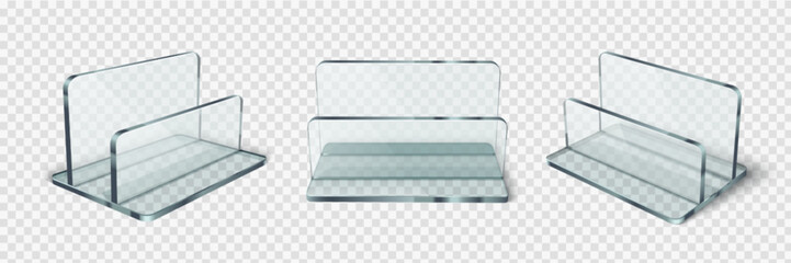 Clear acrylic stand and card holder displays for business cards or signs - transparent desktop organizers with different angles. Professional office accessories for presentations and retail counters.