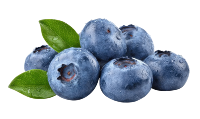 fresh blueberries with leaves on transparent background.