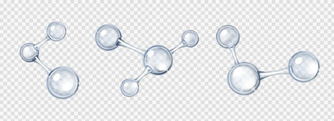 Blue glass chemical molecules with 3d atom structures connected by bonds for science visualization. Transparent spheres form molecular chains and networks for chemistry or research education.