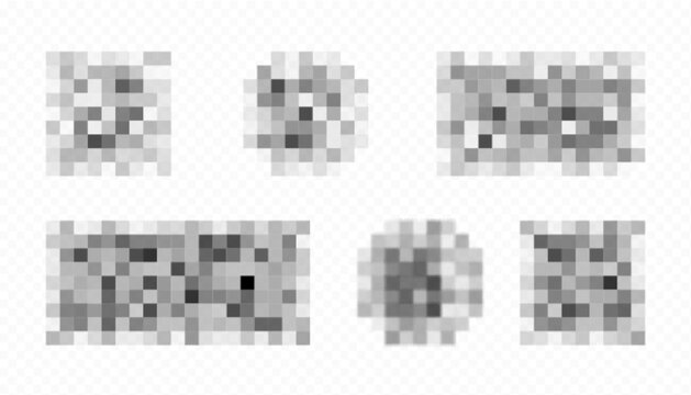 Censor pixel blur effects with gray and black squares for privacy protection or content masking. Digital pixelated patterns for hiding sensitive information, faces or inappropriate material in media.
