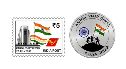 Kargil Vijay Diwas Commemoration: Indian Stamps and Silver Coin Design, Celebrating Bravery, Sacrifice, and National Pride for Historical Events