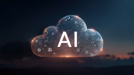 Cloud Icon with Digital Technology Elements and AI Text Highlight