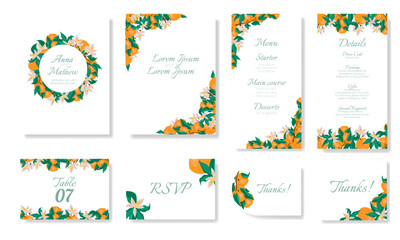 Orange wedding invitation template with floral wreath
