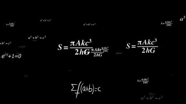Animated mathematical equations floating in alpha background, classic algebraic and scientific formulas in motion, including the quadratic equation and Pythagorean theorem
