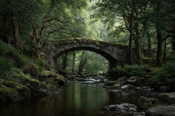 Ancient stone arch bridge over a tranquil forest stream