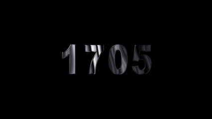 1705 text with screen effects of technological failures. Concept of counting years. Past year technology concept ,metal animation text on transparent black.