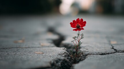 Red flower growing through crack in pavement during overcast day in urban environment