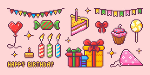 Pixel birthday party set with colorful flags, heart balloon, wrapped candy, candles and cake slice for festive game design. Gift boxes, cupcake and party hat. Retro 8 bit celebration collection.