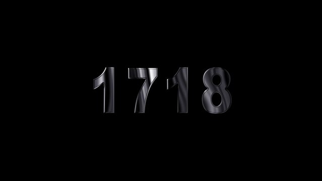 1718 text with screen effects of technological failures. Concept of counting years. Past year technology concept ,metal animation text on transparent black.